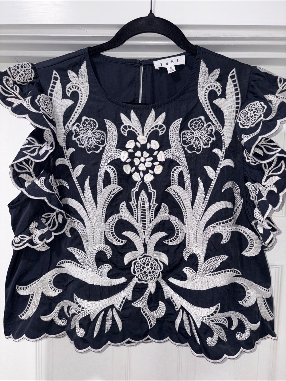 THML Black Top with White Floral Embroidered Detail